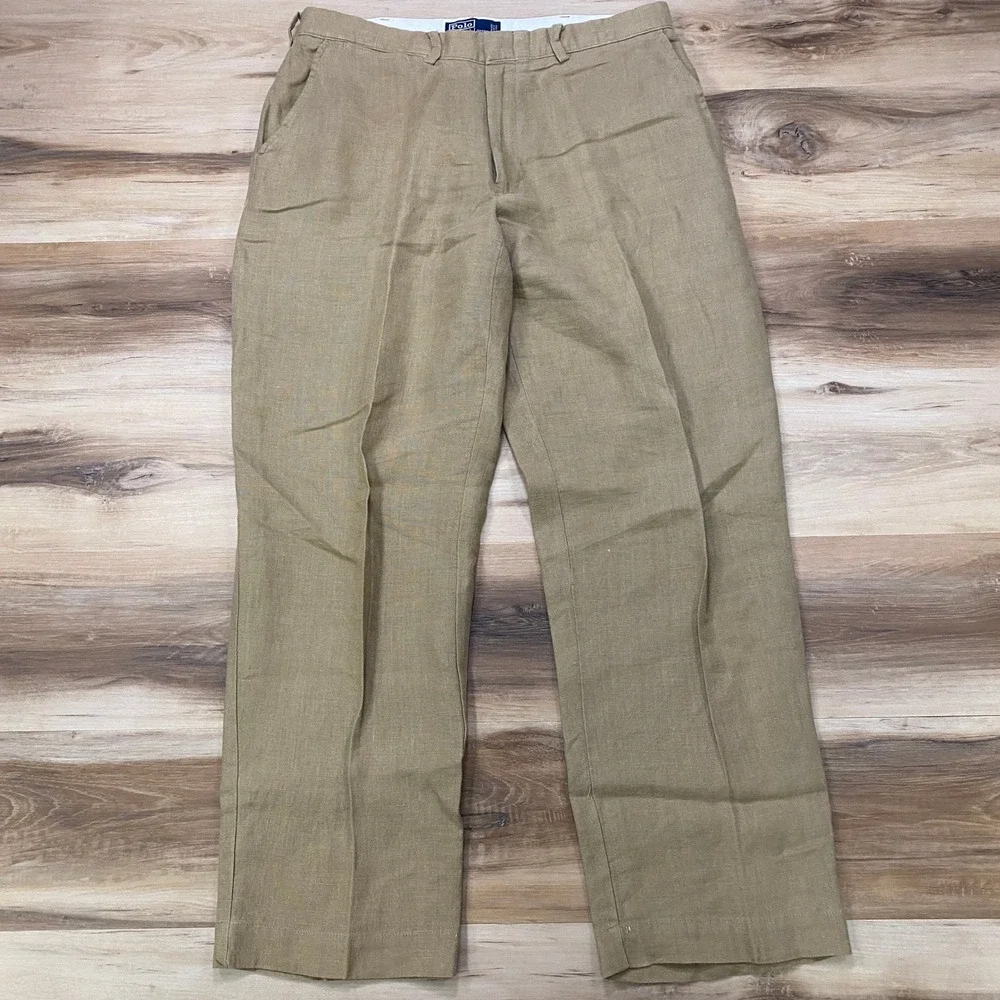 Polo Ralph Lauren Linen Trousers 34/30 Beach Casual Straight Leg Khaki Vintage